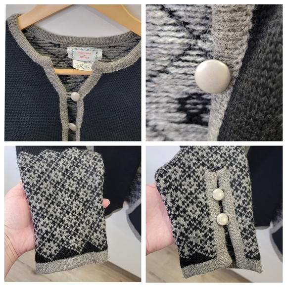 Handmade In Estonia 100% Wool Fair Isle Knit Cardigan Scandinavian Black Size S - Picture 11 of 17